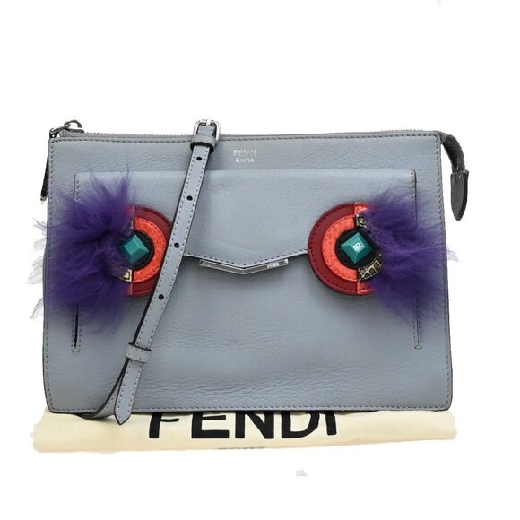 FENDI BAG BUGS Monster Shoulder Bag Leather Light Blue Silver Italy